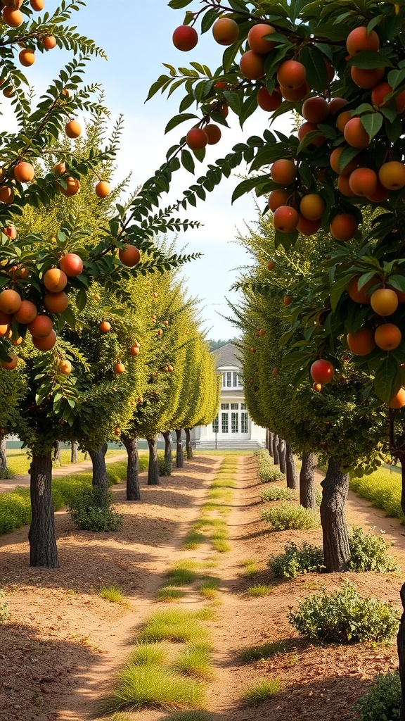A scenic walkway lined with fruit trees, showcasing ripe oranges and a beautiful garden setting.