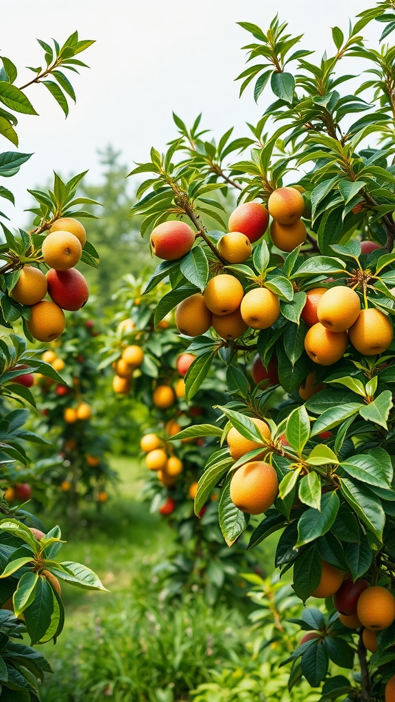 Fruit trees laden with ripe fruits in a lush garden