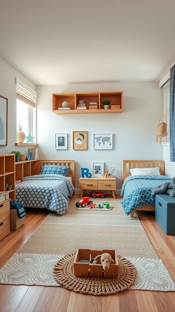 A cozy twin boys bedroom with two beds, a play area, and storage solutions.