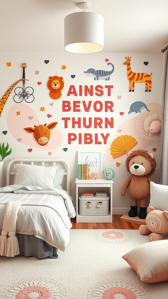 A playful bedroom decor featuring animal motifs on the wall, a cozy bed, and soft toys.