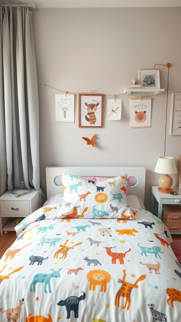Boys bedroom with colorful animal prints bedding featuring various animals