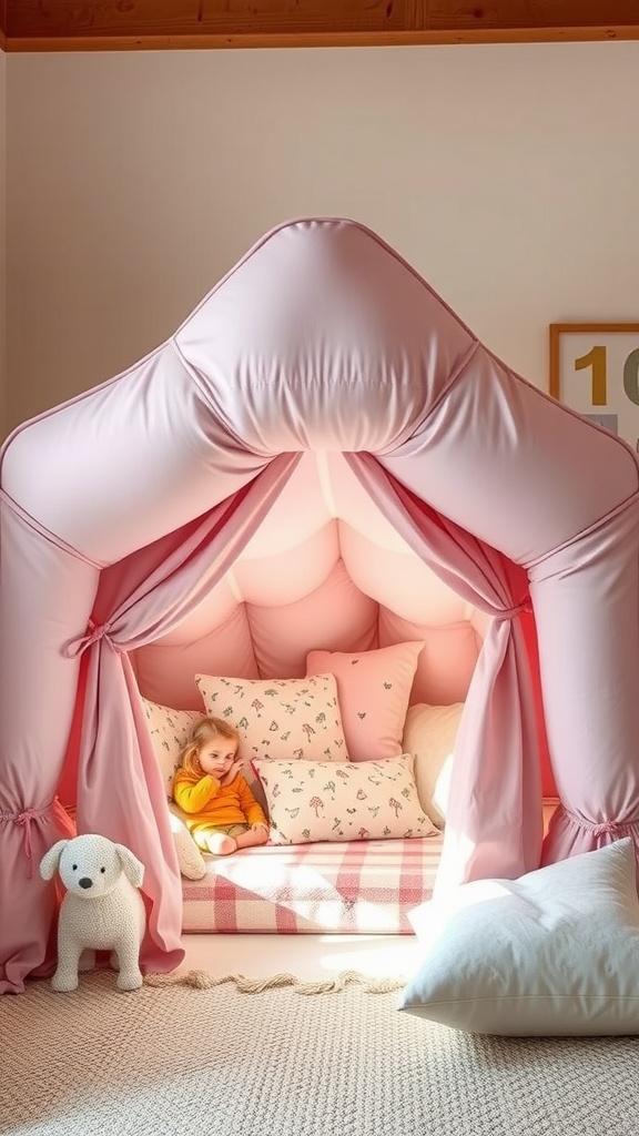 A cozy pink pillow fort with a child sitting inside, surrounded by plush pillows and a stuffed dog.