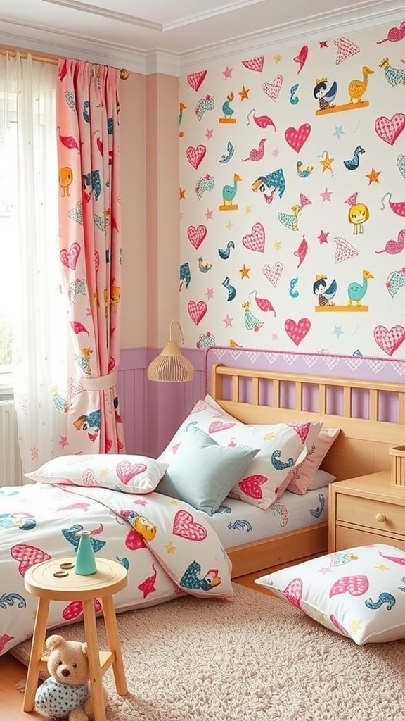 A cheerful girl's bedroom with colorful bedding and playful patterns on the walls and curtains.
