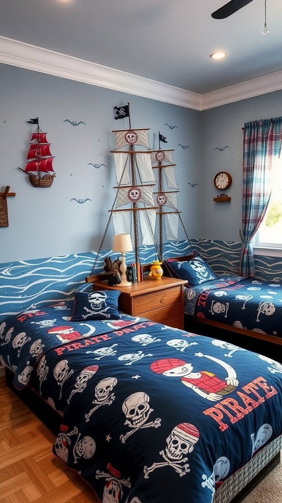 A twin boys bedroom with pirate-themed decor featuring bedding with skulls, a ship model on the wall, and ocean wave designs.