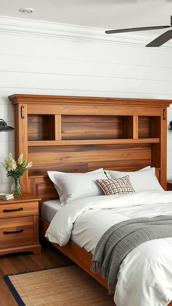 A cozy farmhouse bedroom with a wooden headboard featuring built-in shelves, light bedding, and a throw blanket.