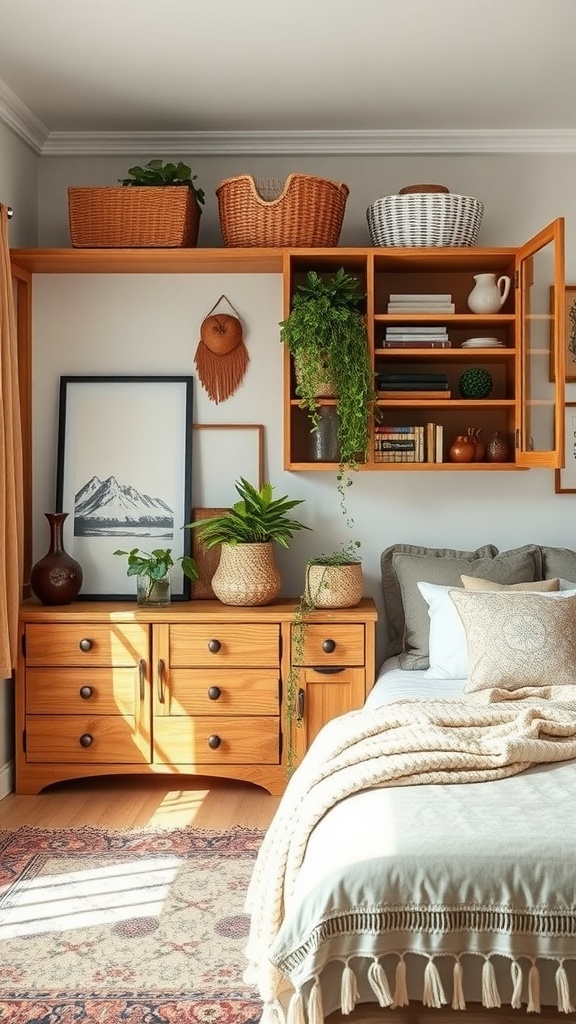 A cozy bohemian bedroom with wooden storage, baskets, plants, and a warm color palette.