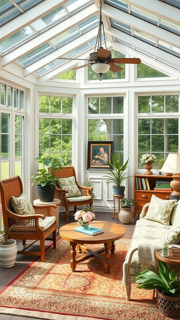 A bright and inviting boho-style sunroom featuring comfortable seating, decorative plants, and functional art displays