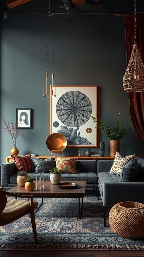 A dark boho living room featuring functional art pieces with a cozy and inviting atmosphere.