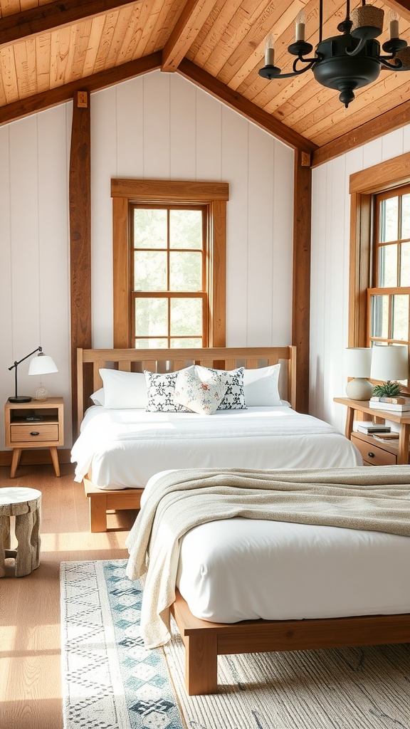 A cozy modern farmhouse bedroom with two beds, natural wood elements, and ample lighting.