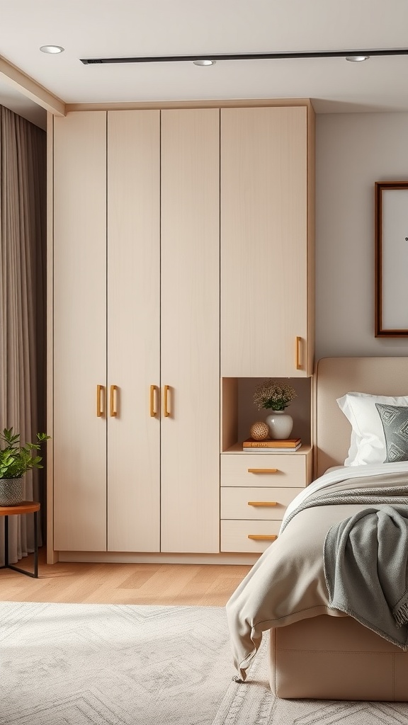 Modern beige bedroom featuring a stylish storage wardrobe with a sleek design.