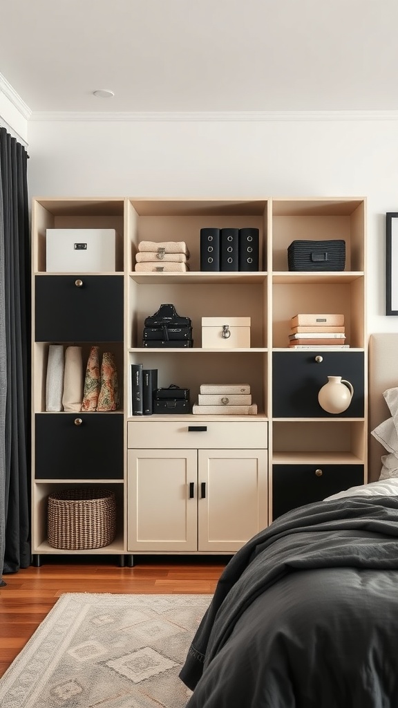 A stylish shelving unit in a black and cream farmhouse bedroom, featuring open shelves with folded towels and decorative boxes, along with a lower cabinet for hidden storage.