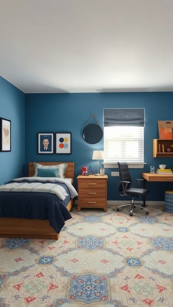 A beautifully designed bedroom for twin boys featuring blue walls, a cozy bed, and a study area.