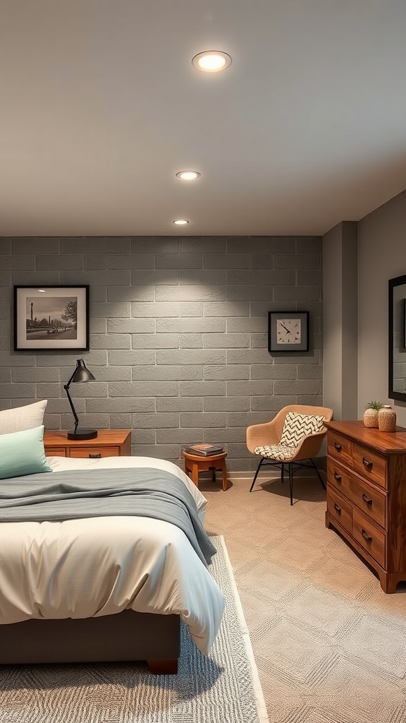 Cozy farmhouse basement bedroom with a bed, dresser, and seating area