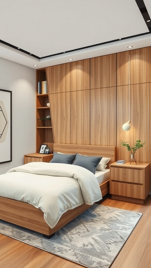 A modern farmhouse bedroom featuring warm wooden furniture, a cozy bed, and functional lighting.