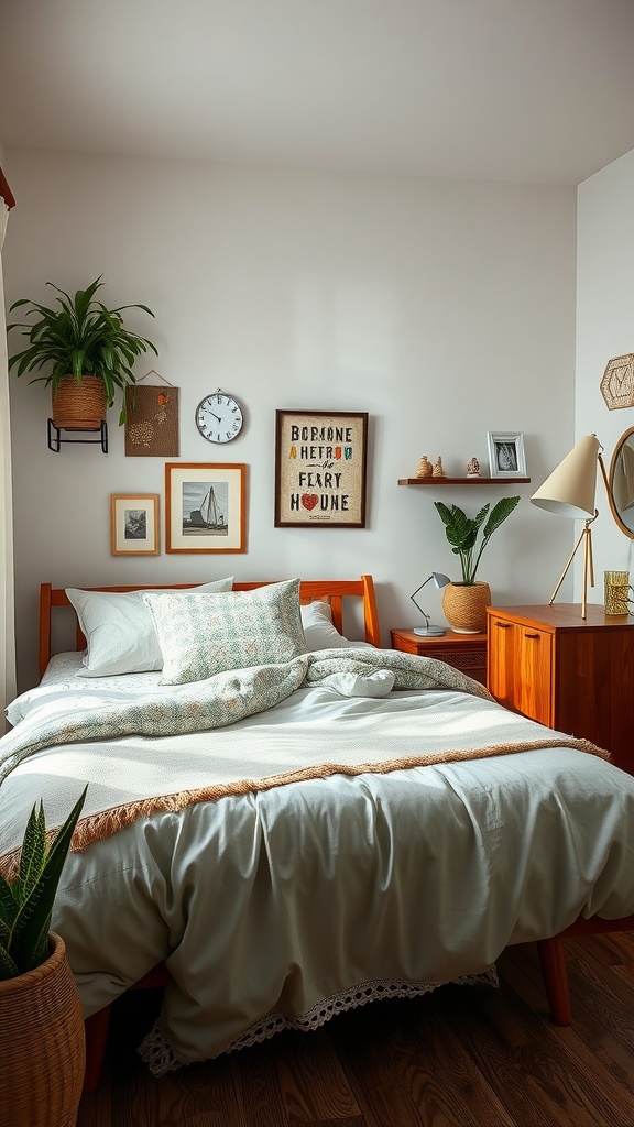 Cozy boho mid-century modern bedroom featuring layered bedding, wooden furniture, and decorative wall art.