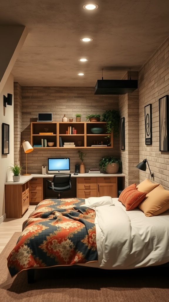 Cozy farmhouse basement bedroom featuring a bed, desk area, and open shelving with plants.