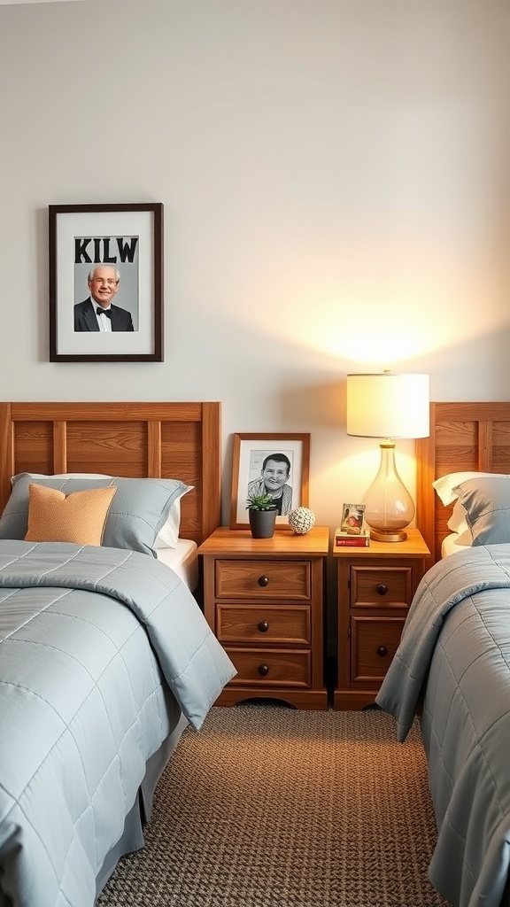A cozy twin boys bedroom featuring two wooden nightstands, each with a lamp and personal items, creating a functional and inviting space.