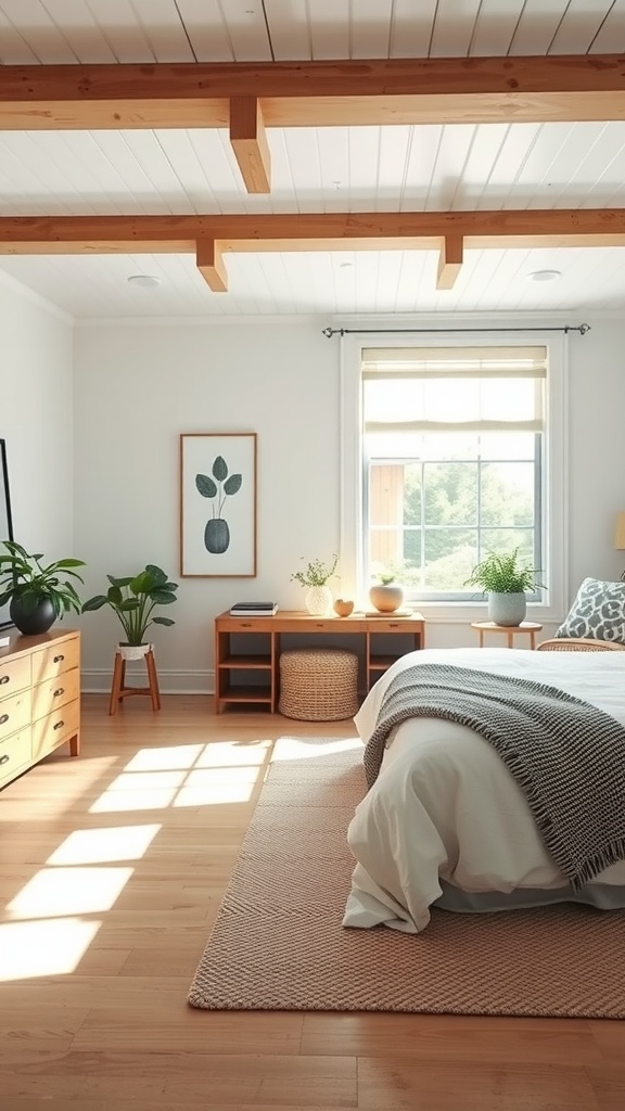 Cozy modern farmhouse bedroom with wooden beams, plants, and natural light