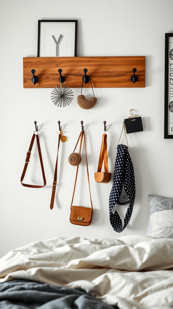 Wooden wall hooks displaying accessories in a boy's bedroom