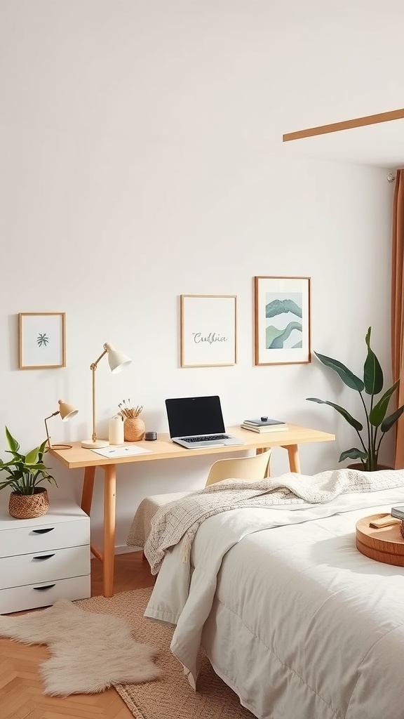 A stylish bedroom workspace featuring a light wooden desk with a laptop, plants, and decorative art.