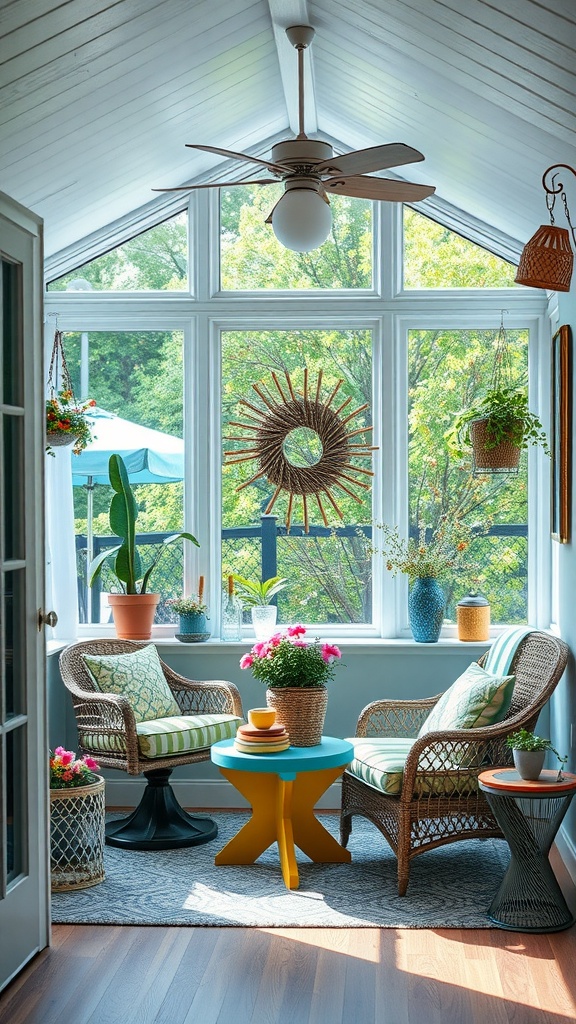 A bright and inviting boho style sunroom with wicker chairs, a blue side table, and various plants.