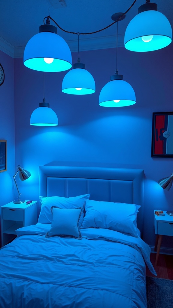 A blue boho bedroom with hanging blue lighting fixtures