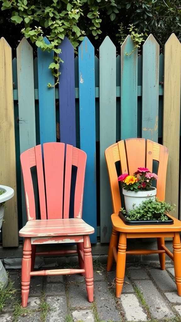 Two colorful chairs used as planters against a vibrant fence