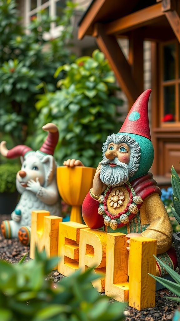 Colorful garden statues featuring a whimsical gnome and a playful animal character