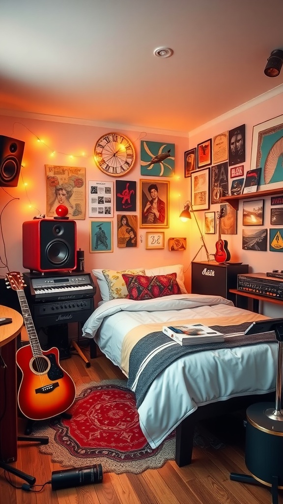 A cozy bedroom designed as a music studio, featuring colorful wall art, a guitar, and warm lighting.