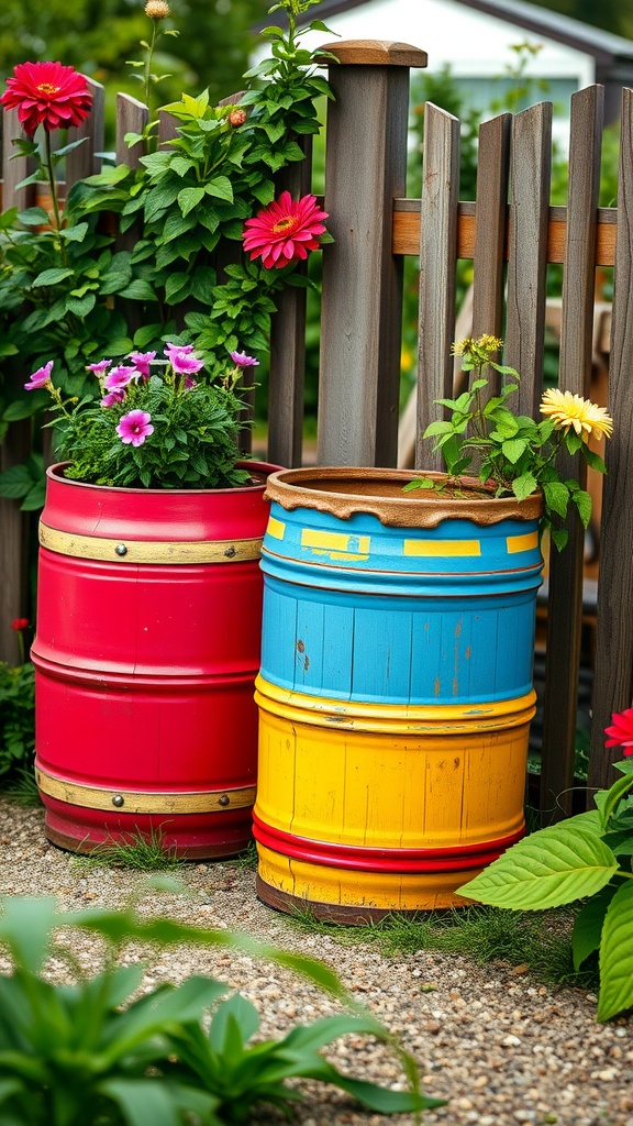 Two colorful painted barrel planters with flowers next to a wooden fence.