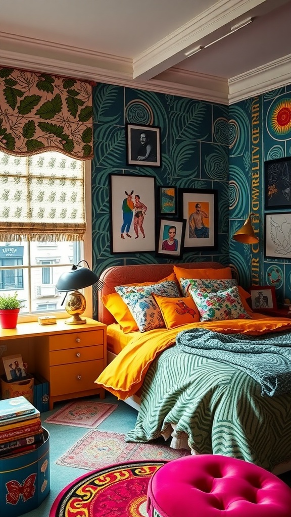 A colorful teenage boy's bedroom with funky patterns and eclectic textiles.