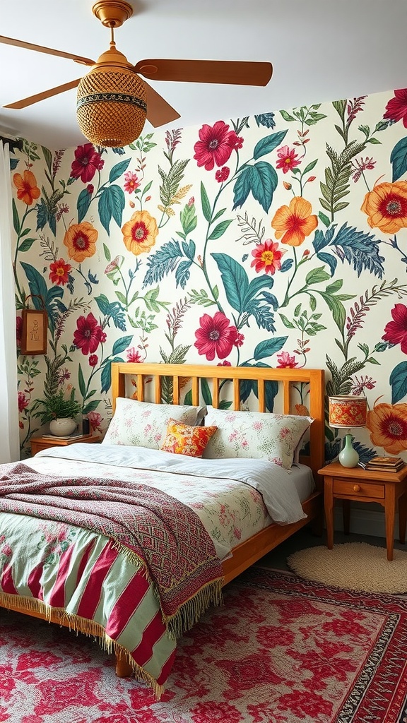 A colorful Boho style bedroom featuring floral wallpaper, a wooden bed, and vibrant textiles.