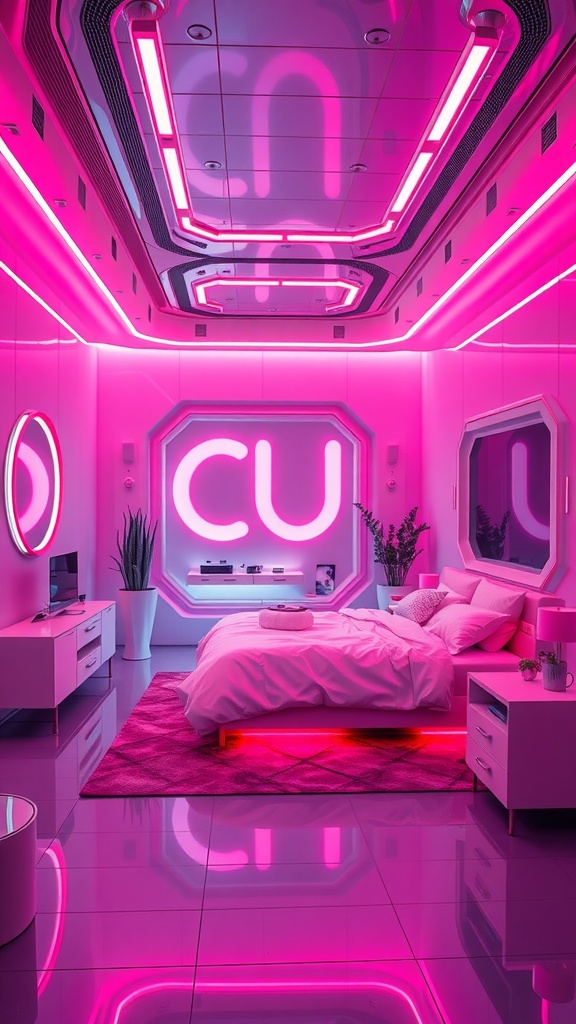 Futuristic bedroom design with neon pink lights and modern furniture
