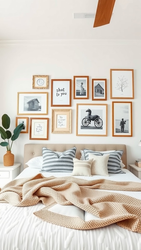 A cozy farmhouse chic bedroom featuring a gallery wall with various framed artworks, a bed with decorative pillows, and a plant in a terracotta pot.