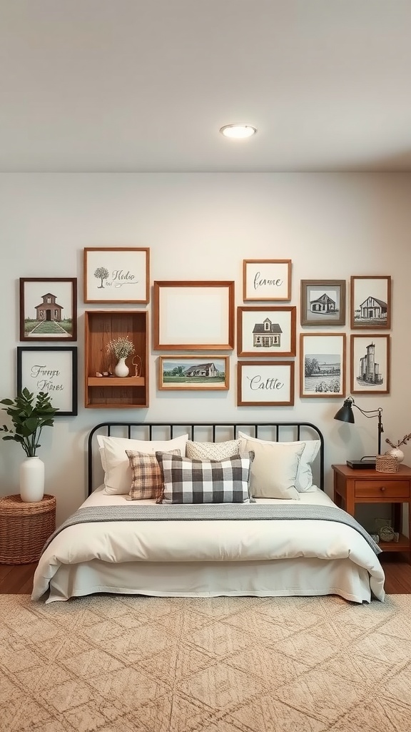 A cozy farmhouse basement bedroom with a gallery wall of framed art showcasing rustic themes.
