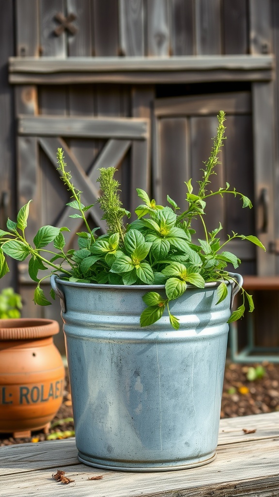 A galvanized steel bucket planter filled with lush green plants, set against a rustic wooden backdrop.