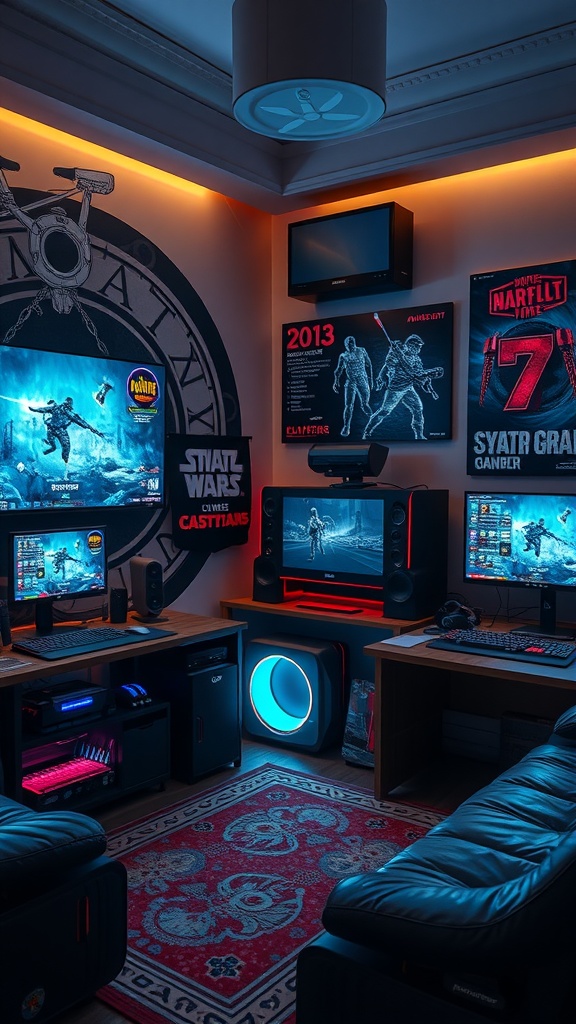 A cozy gaming room featuring two gaming stations, posters on the walls, ambient lighting, and comfortable seating.