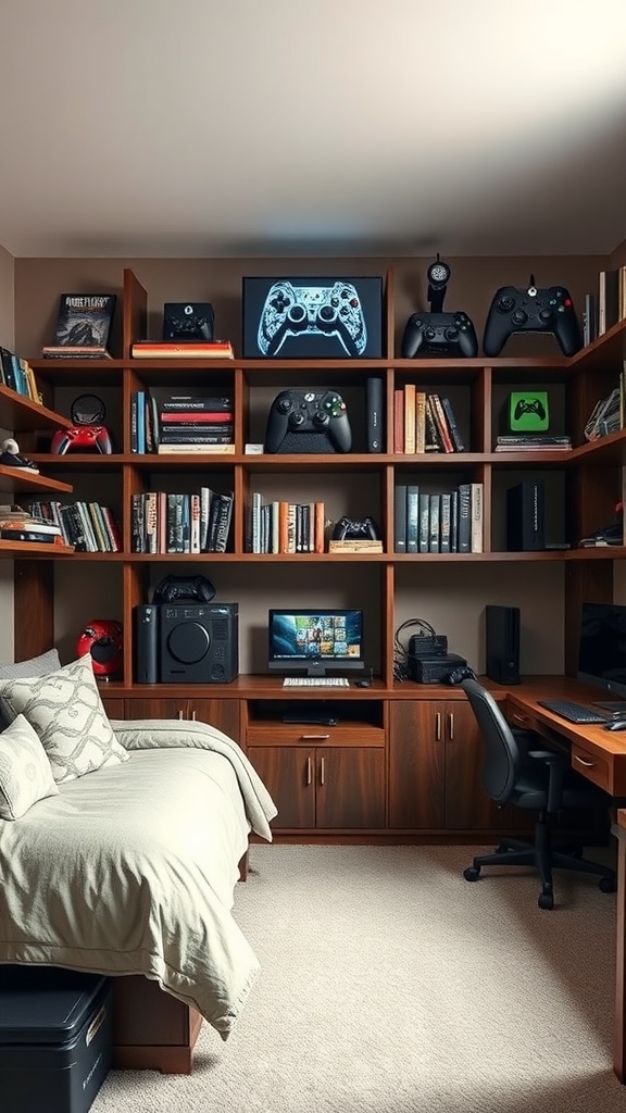 A teenager's bedroom featuring custom shelving for gaming consoles and accessories, along with a cozy bed and desk.