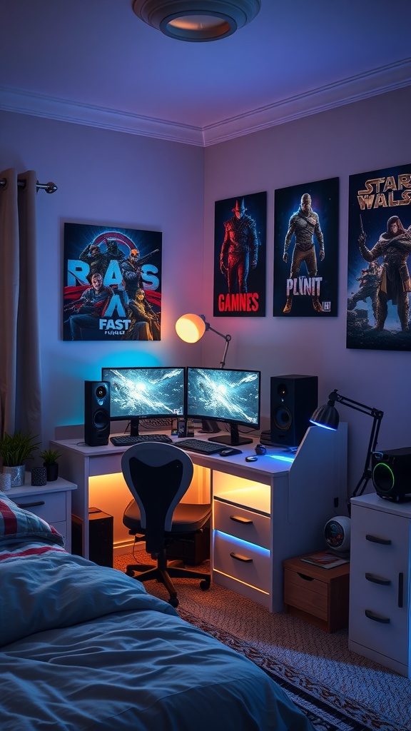 A cozy gaming corner featuring dual monitors, LED lights, and gaming posters.
