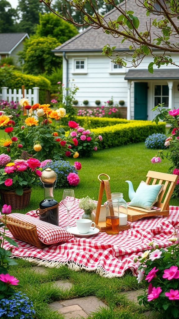 A picturesque picnic setup in a colorful farmhouse garden with flowers and a checkered blanket.