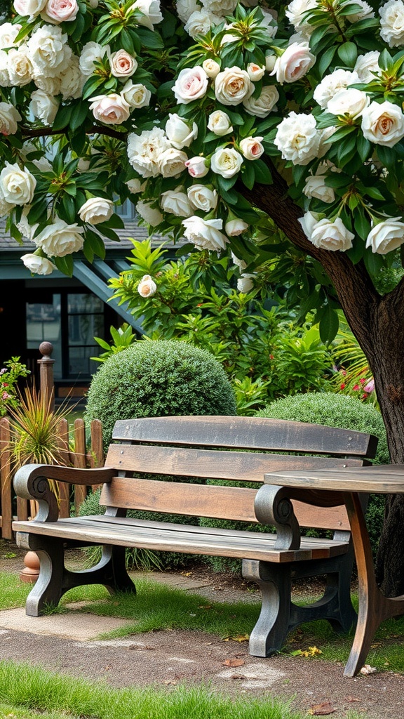 A wooden garden bench under a flowering tree, surrounded by lush greenery.