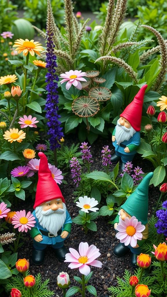 A display of colorful garden gnomes surrounded by blooming flowers in a farmhouse garden.