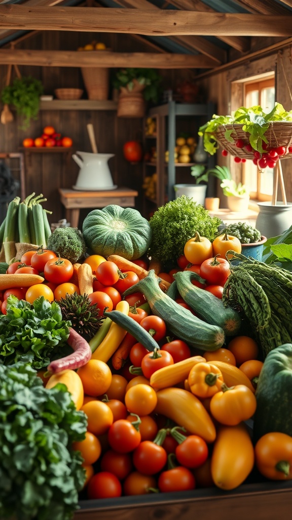 A variety of fresh vegetables displayed in a rustic garden setting.