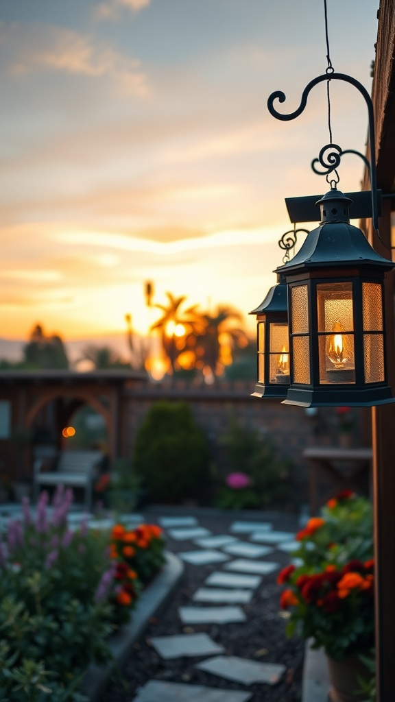 Two garden lanterns hanging with a sunset in the background, illuminating a pathway lined with flowers.