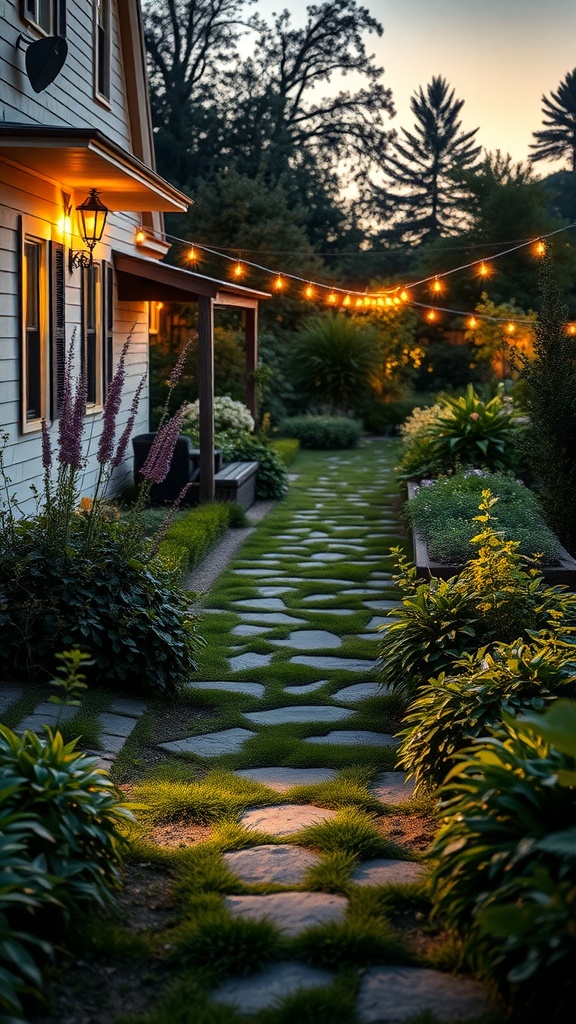 A charming garden pathway lit with string lights and lanterns, surrounded by lush plants.