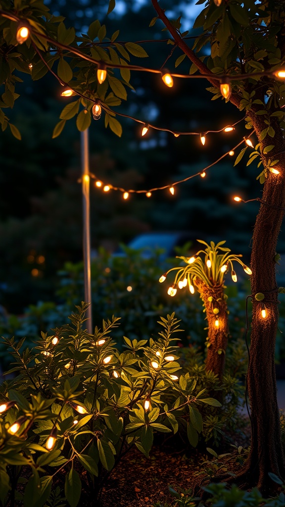 String lights illuminating a small garden at night, creating a warm and inviting atmosphere.
