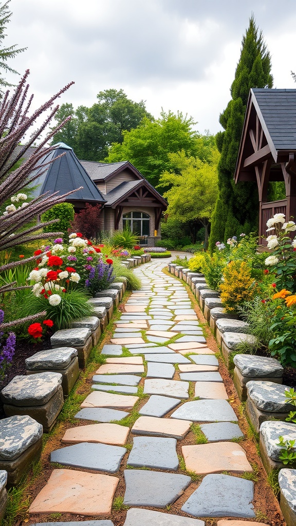 A picturesque garden path made of irregular stones, bordered by unique stone walls and vibrant flowers.