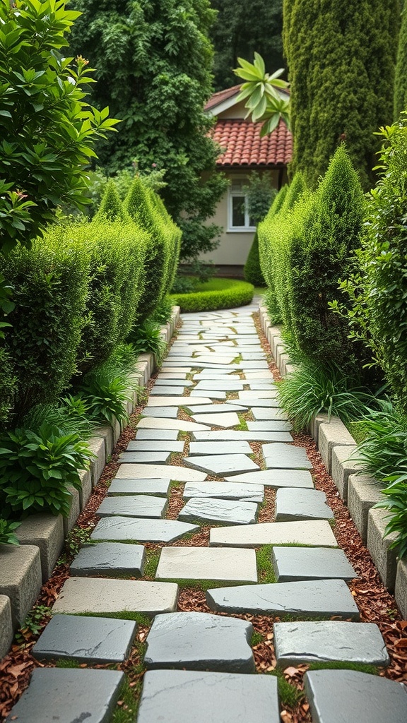 A beautiful garden pathway made of stones surrounded by lush greenery and plants