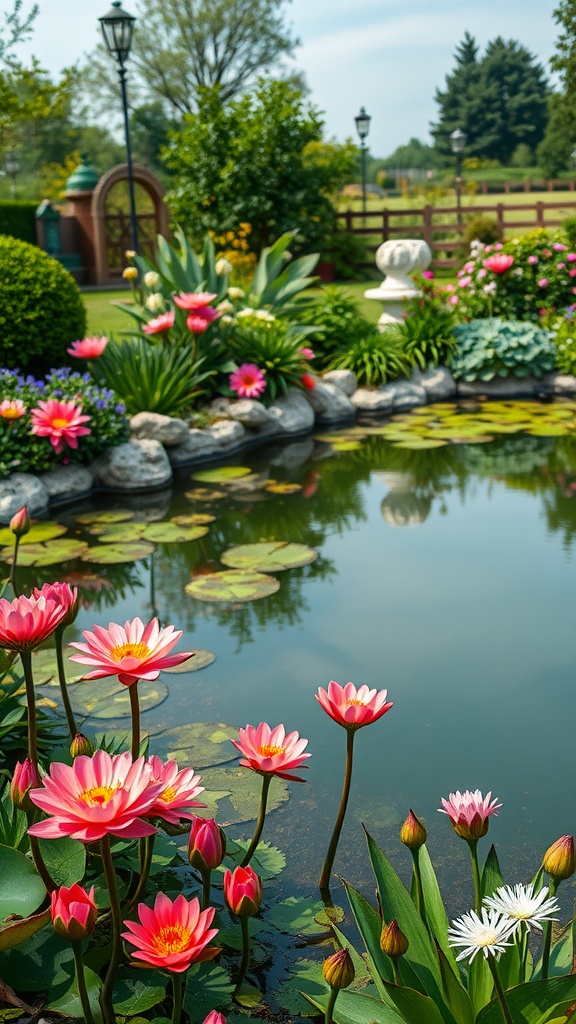 A serene garden pond surrounded by colorful flowers and lush greenery