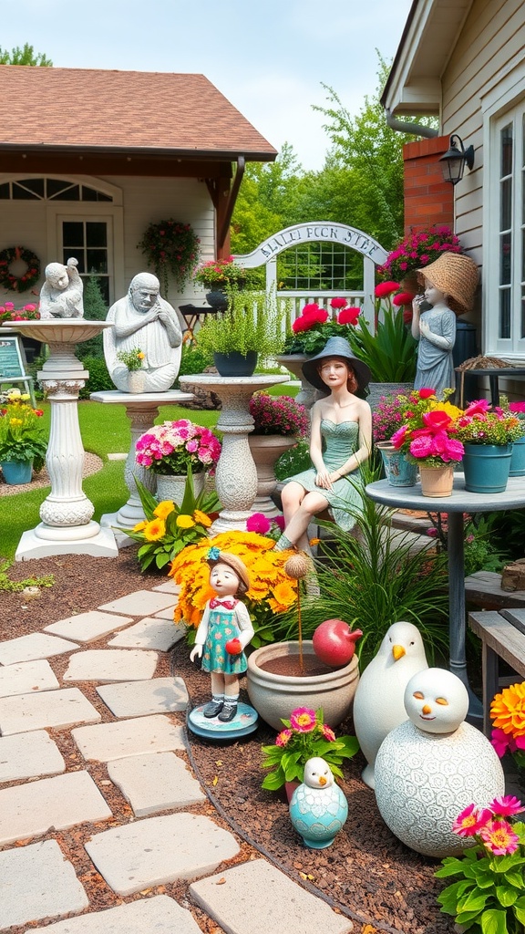 A vibrant garden with various sculptures and colorful flowers near a house.